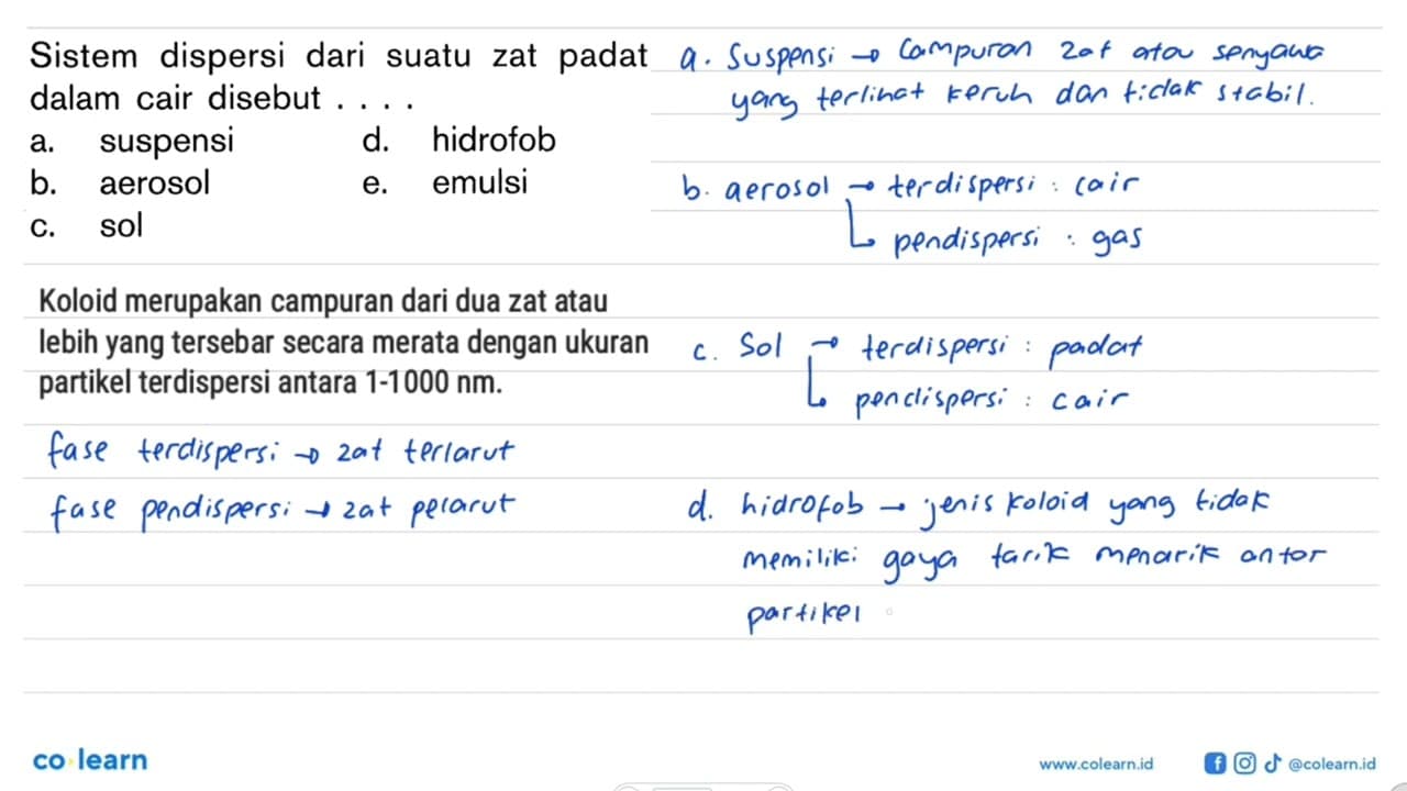 Sistem dispersi dari suatu zat padat dalam cair disebut....