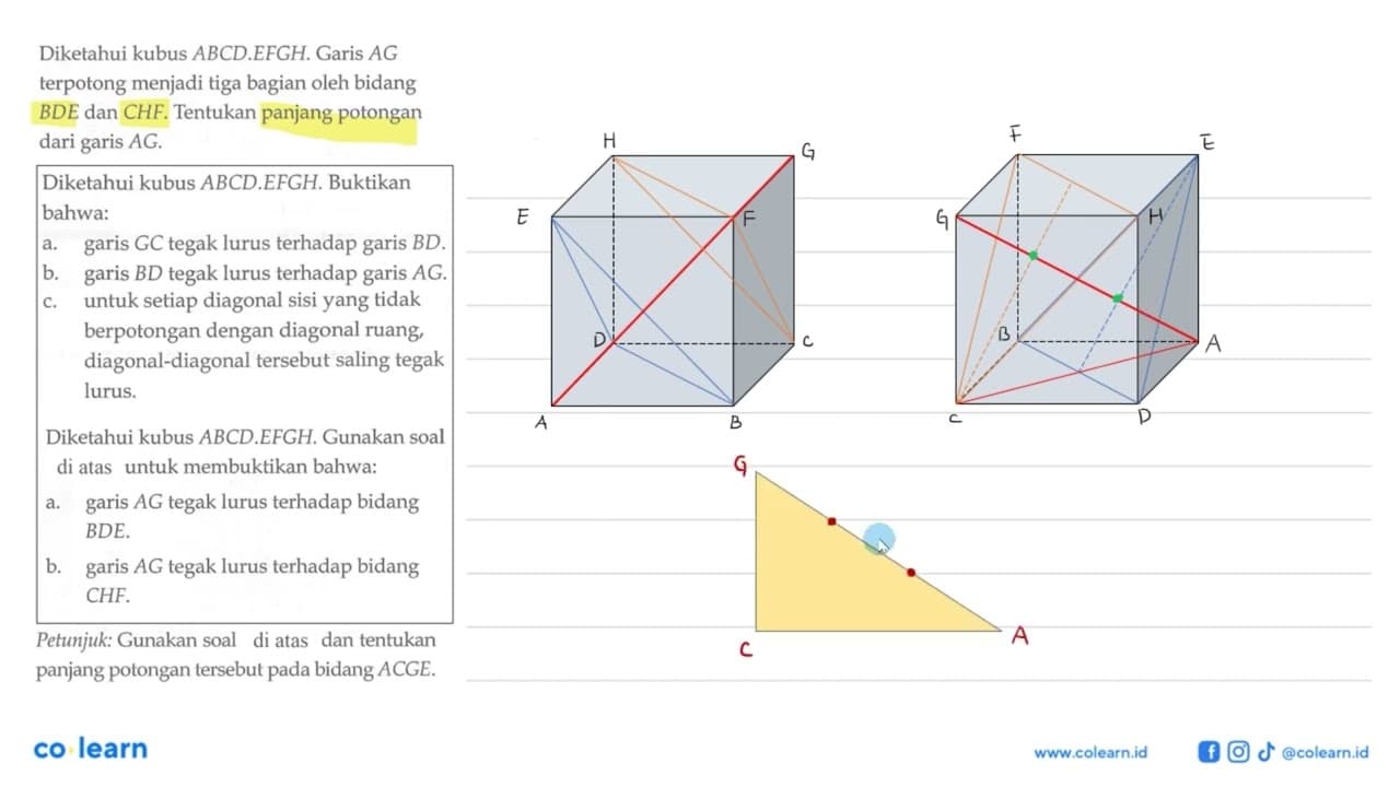 Diketahui kubus ABCD EFGH. Garis AG terpotong menjadi tiga