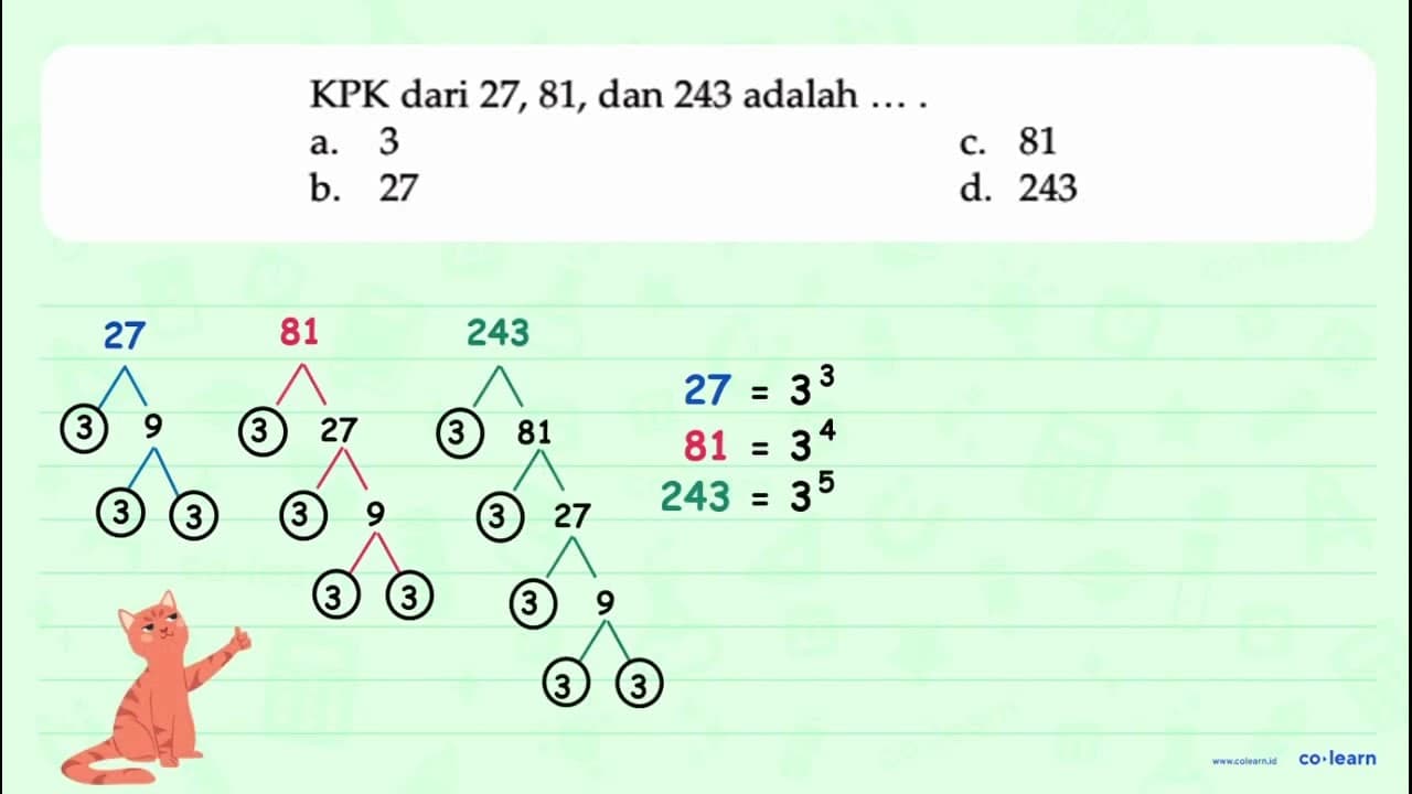 KPK dari 27, 81, dan 243 adalah ... .