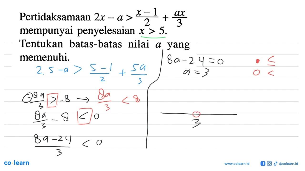 Pertidaksamaan 2x-a> (x-1)/2+ax/3 mempunyai penyelesaian x