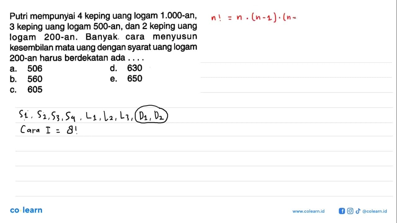 Putri mempunyai 4 keping uang logam 1.000-an, 3 keping uang