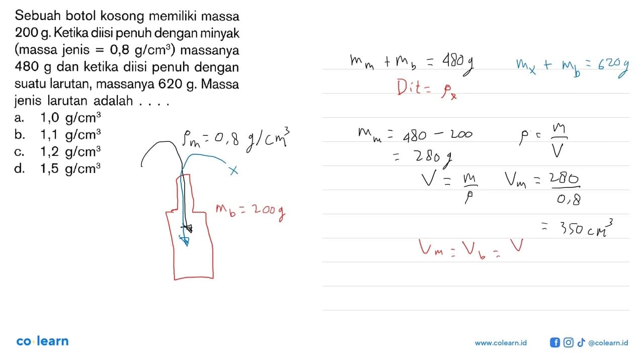 Sebuah botol kosong memiliki massa 200 g. Ketika diisi