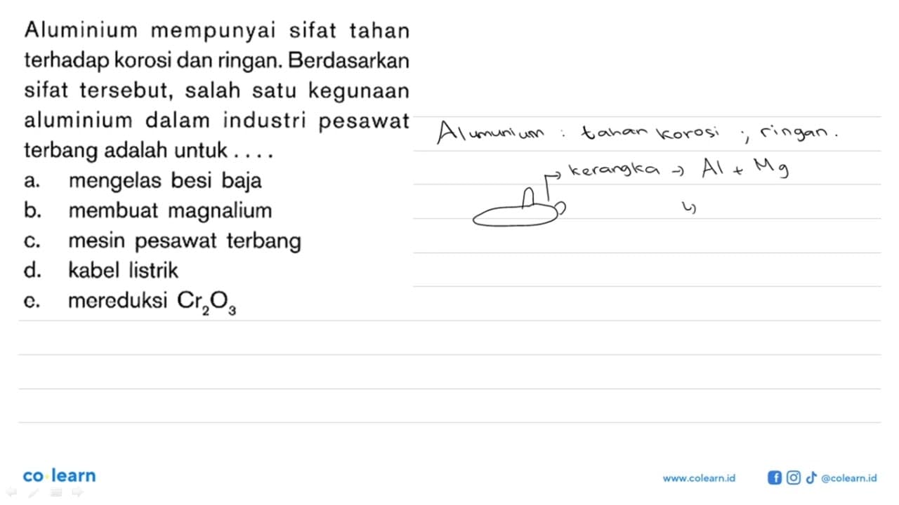 Aluminium mempunyai sifat tahan terhadap korosi dan ringan.