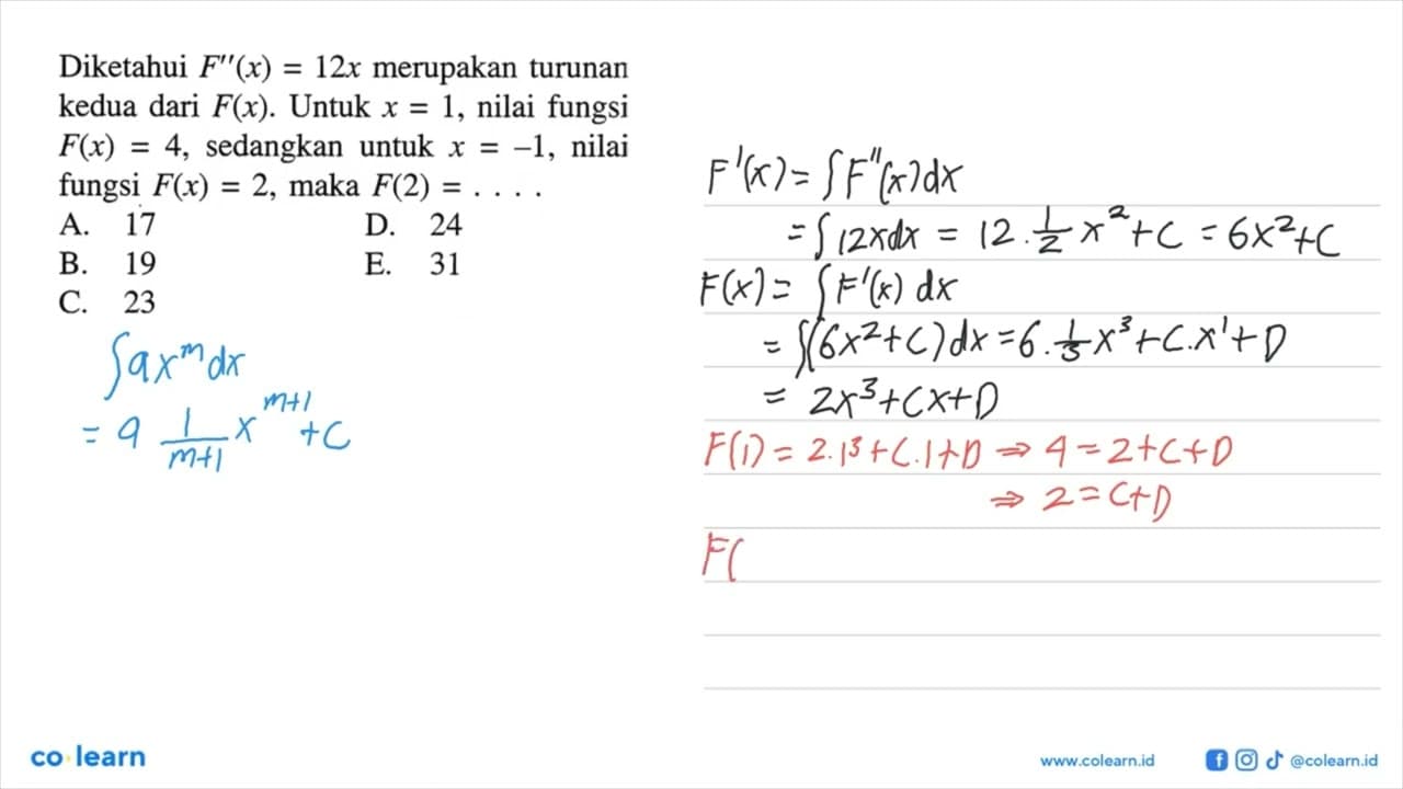 Diketahui F''(x)=12x merupakan turunan kedua dari F(x).