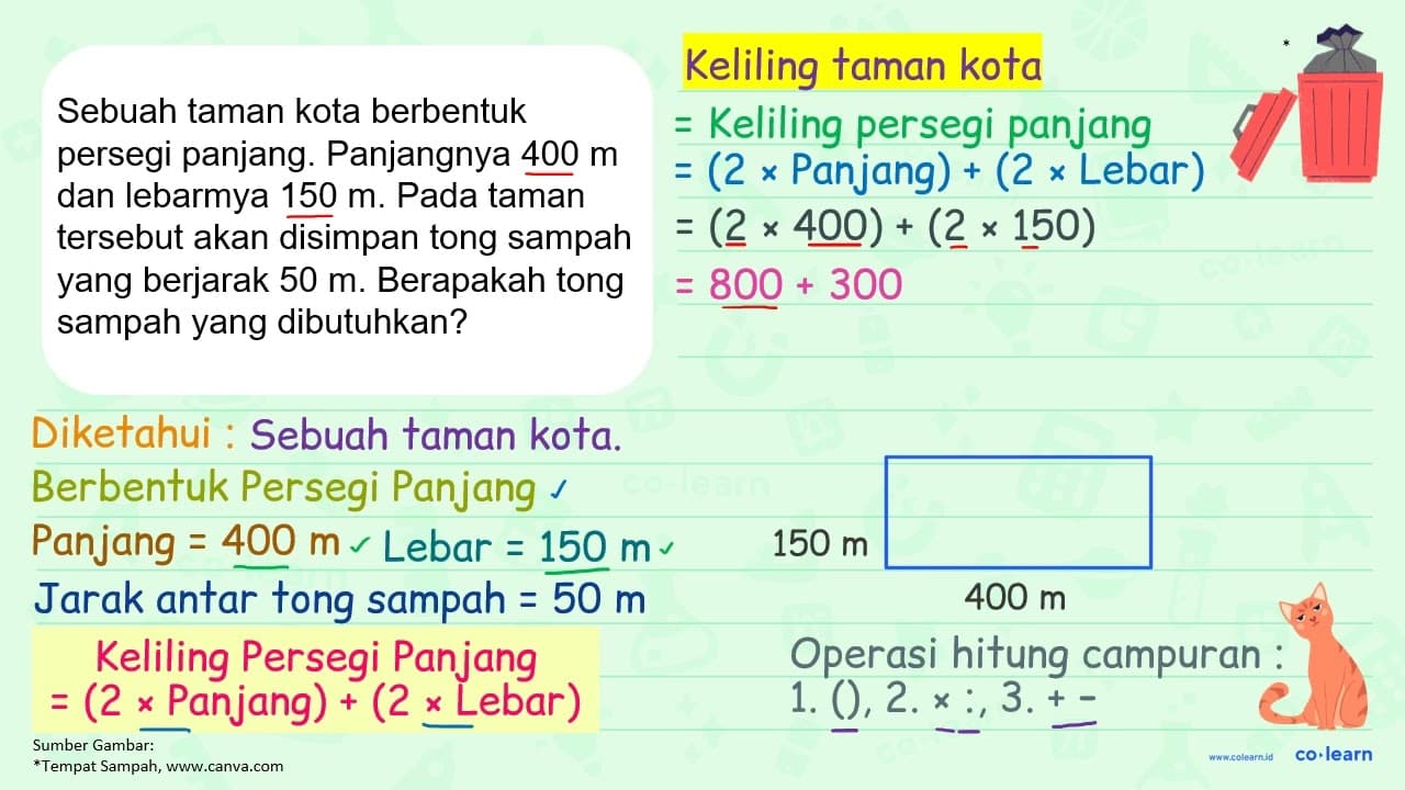 Sebuah taman kota berbentuk persegi panjang. Panjangnya 400