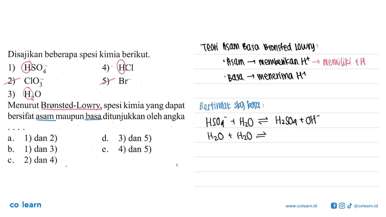 Disajikan beberapa spesi kimia berikut.1) HSO4^- 4) HCl 2)