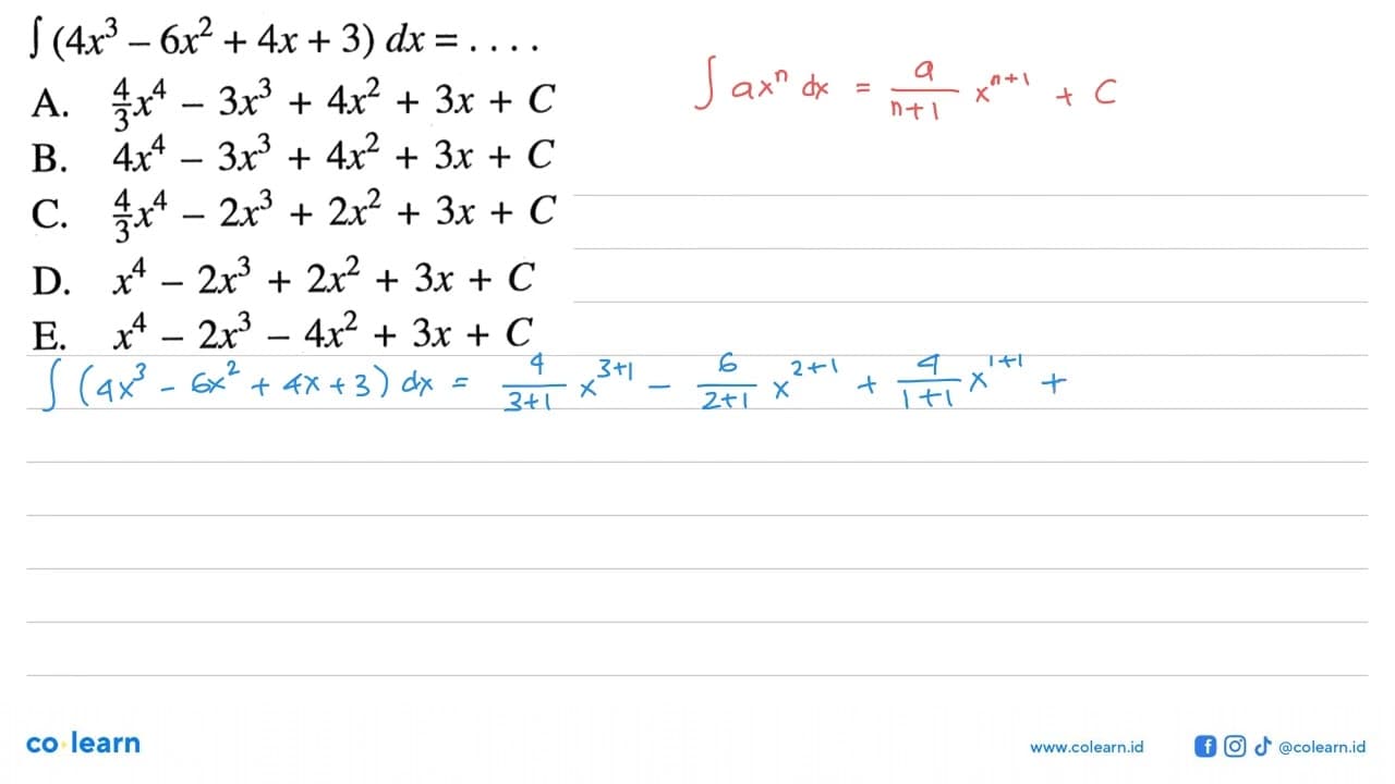 integral(4x^3-6x^2+4x+3) dx=....