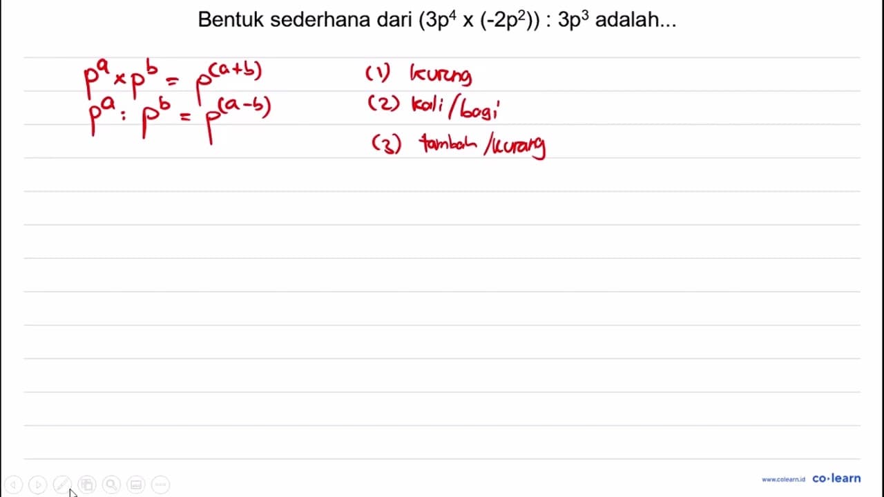 Bentuk sederhana dari (3 p^(4) x(-2 p^(2))): 3 p^(3)