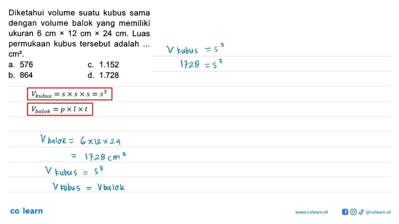 Diketahui volume suatu kubus sama dengan volume balok yang