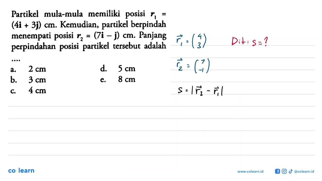 Partikel mula-mula memiliki posisi r1= (4i+3j) cm.