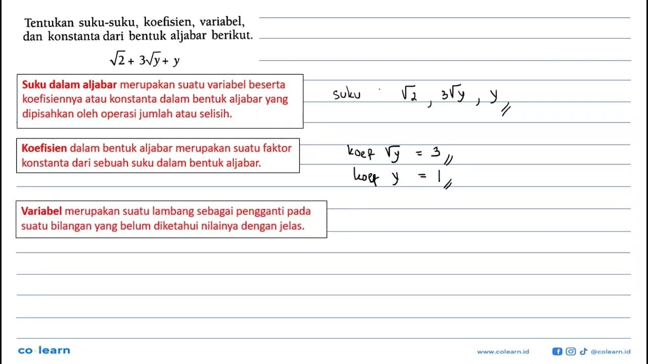 Tentukan suku-suku, koefisien, variabel, dan konstanta dari
