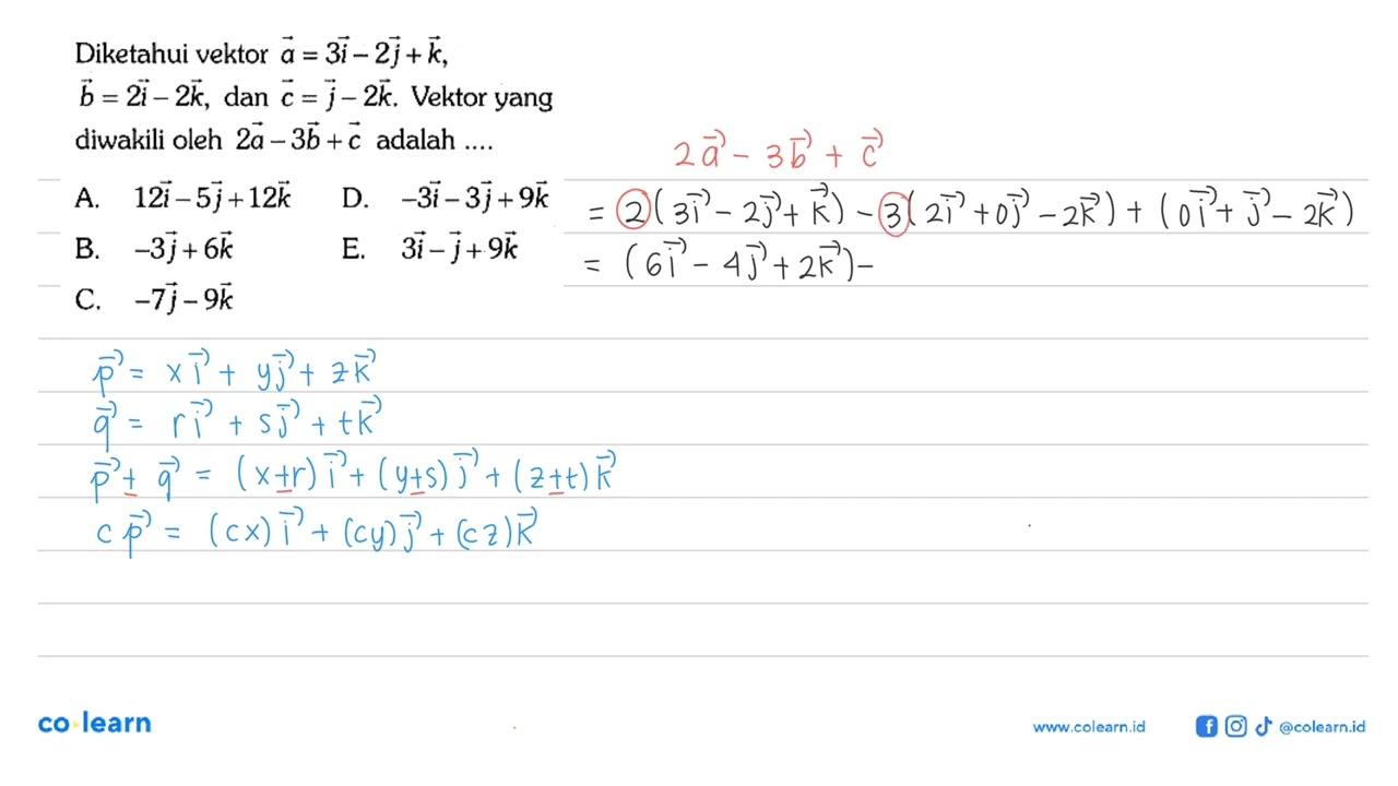 Diketahui vektor a=3i-2j+k, b=2i-2k, dan c=j-2k. Vektor