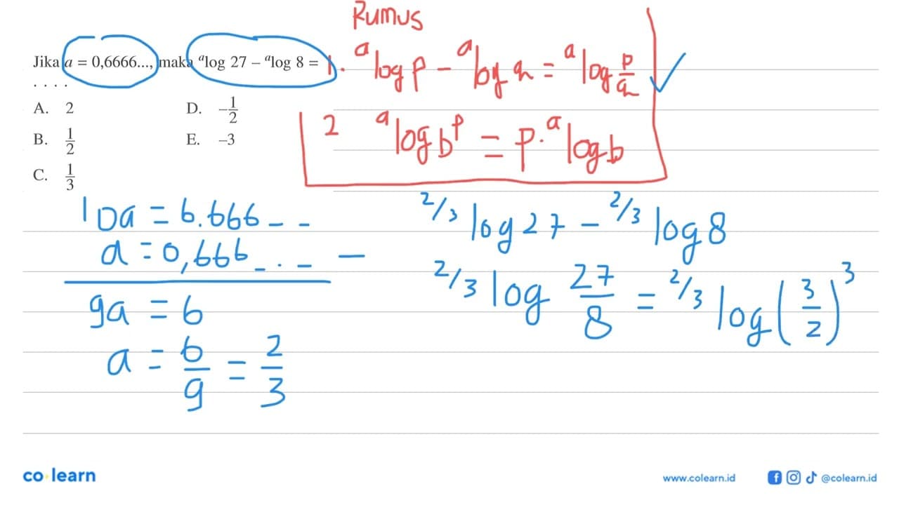 Jika a = 0,6666..., maka alog27-alog8= . . . .