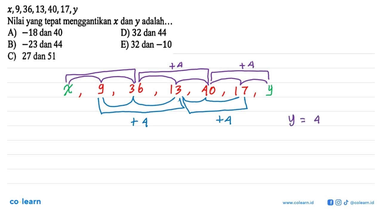 x, 9, 36, 13, 40, 17, y Nilai yang tepat menggantikan x dan