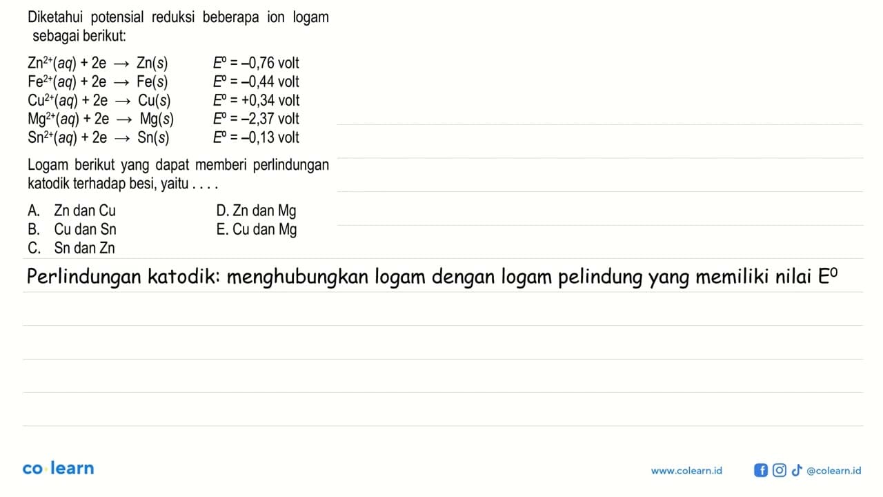 Diketahui potensial reduksi beberapa ion logam sebagai