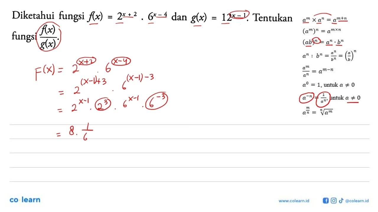 Diketahui fungsi f(x)=2^(x+2).6^(x-4) dan g(x)=12^(x-1).