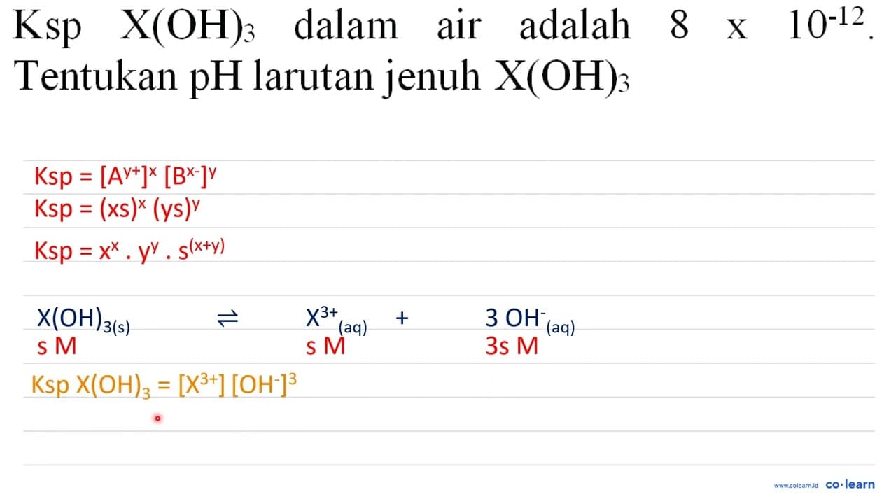 Ksp X(OH)_(3) dalam air adalah 8 x 10^(-12) Tentukan pH