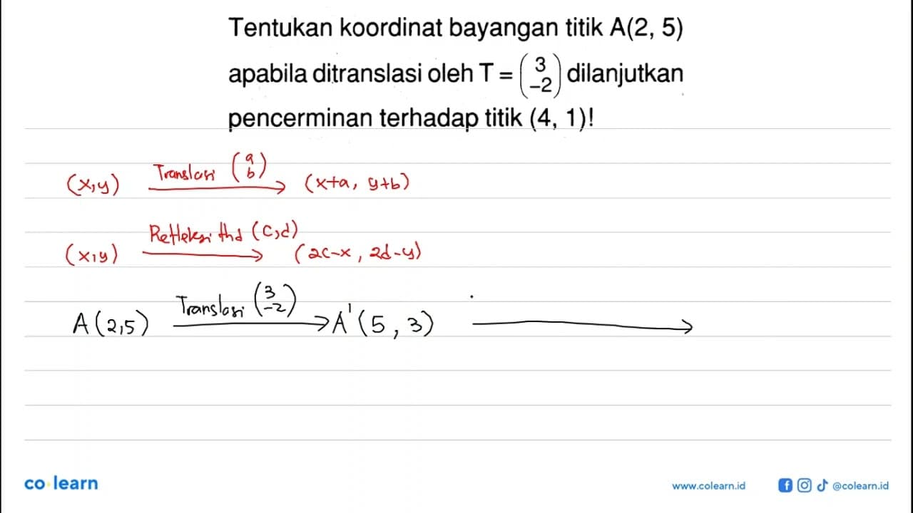 Tentukan koordinat bayangan titik A(2 , 5) apabila