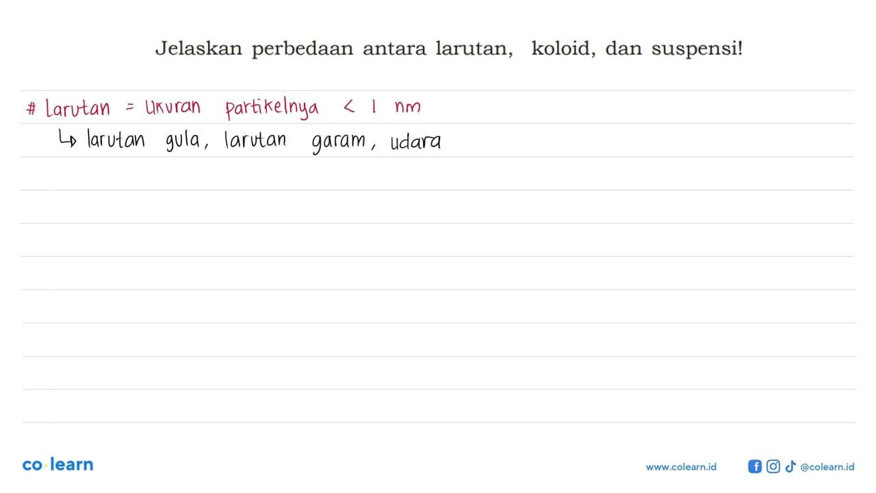 Jelaskan perbedaan antara larutan, koloid, dan suspensi!