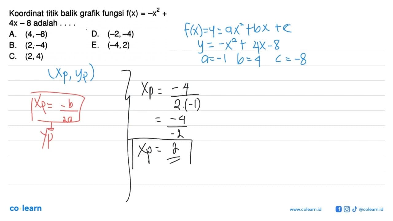 Koordinat titik balik grafik fungsi f(x) = -x^2 + 4x - 8