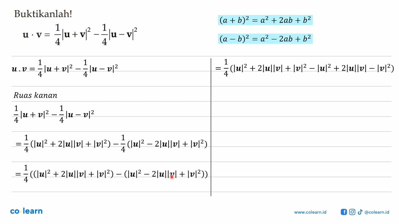 Buktikanlah! u . v=1/4 |u + v|^2 - 1/4 |u - v|^2