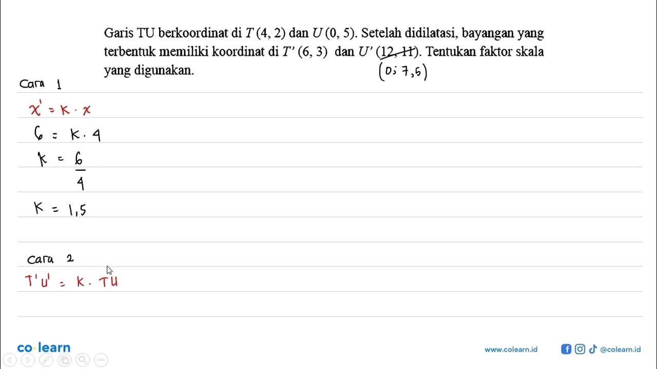 Garis TU berkoordinat di T(4,2) dan U(0,5). Setelah
