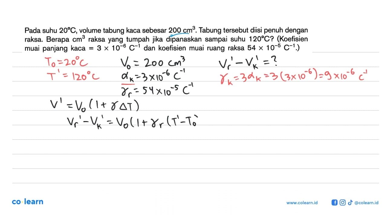 Pada suhu 20 C, volume tabung kaca sebesar 200 cm^3. Tabung