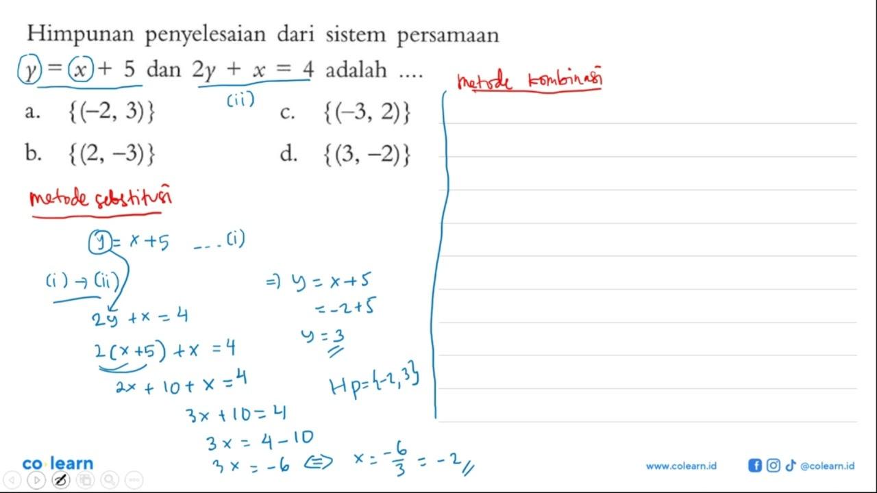 Himpunan penyelesaian dari sistem persamaan y = x + 5 dan