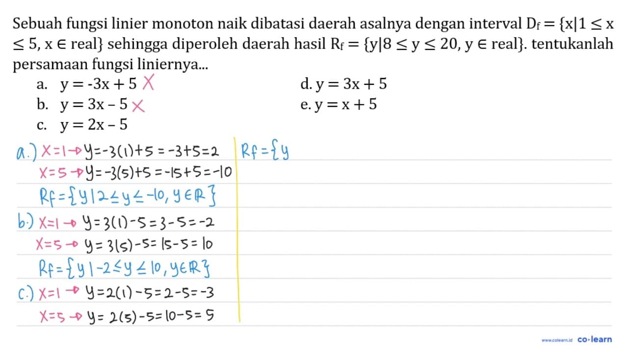 Sebuah fungsi linier monoton naik dibatasi daerah asalnya