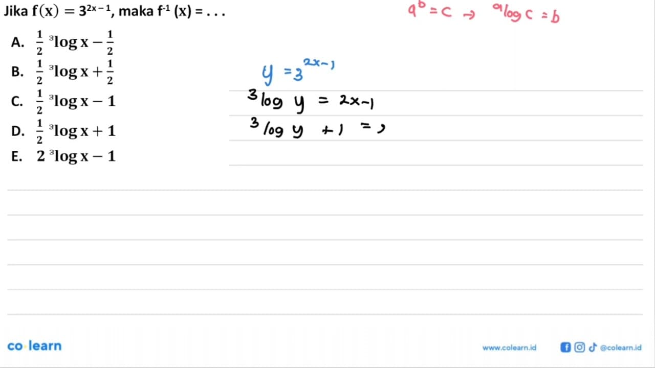 Jika f(x)=3^(2x-1), maka f^-1(x)=...