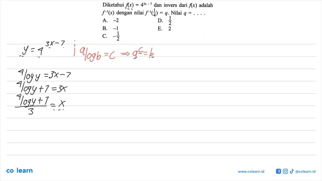 Diketahui f(x) = 4^(3x-7) dan invers dari f(x) adalah