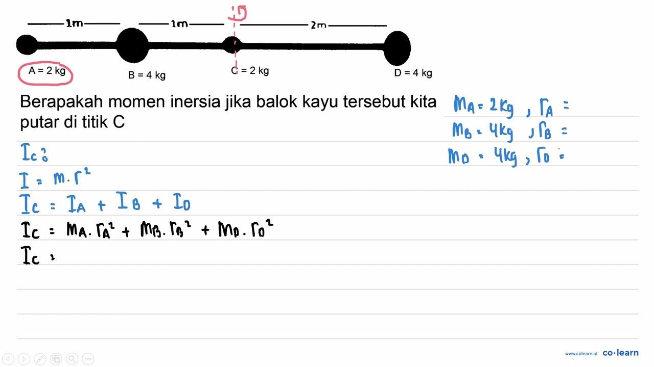 A=2 kg B=4 kg C=2 kg D=4 kg Berapakah momen inersia jika