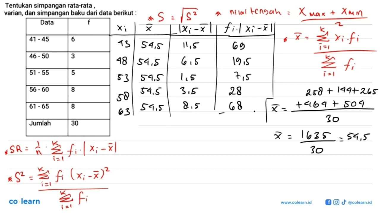 Tentukan simpangan rata-rata, varian, dan simpangan baku