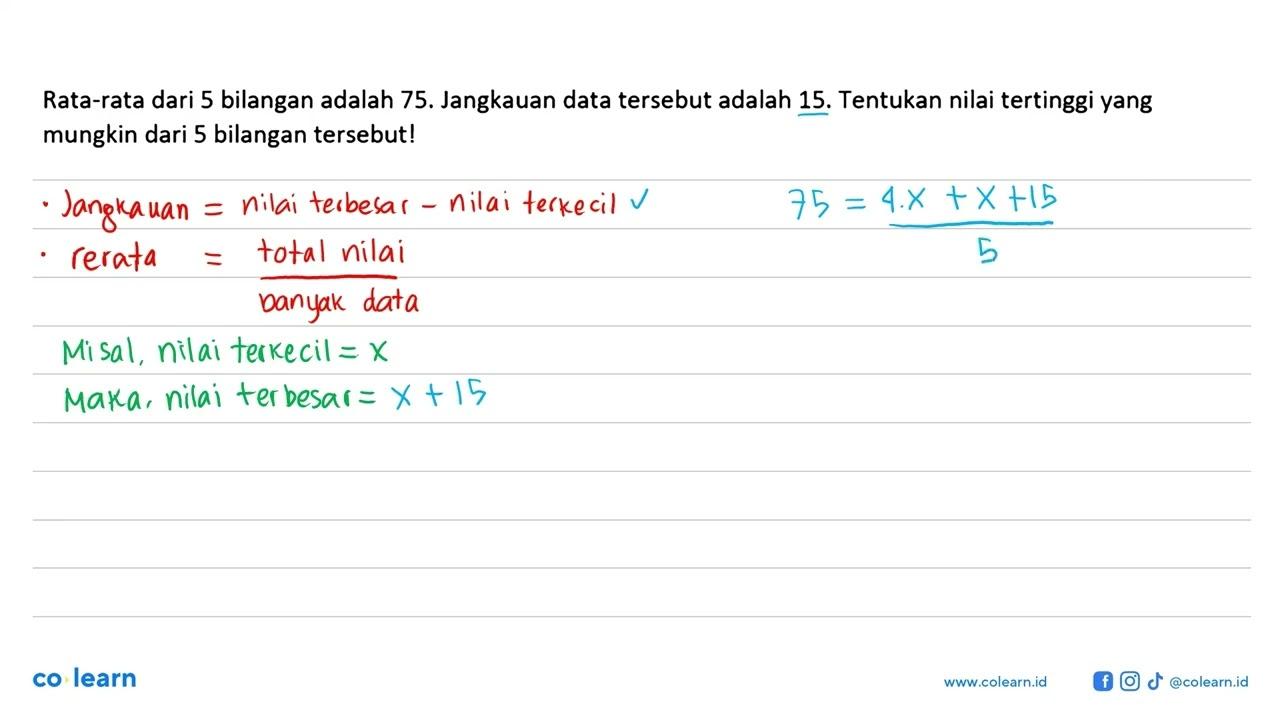 Rata-rata dari 5 bilangan adalah 75. Jangkauan data