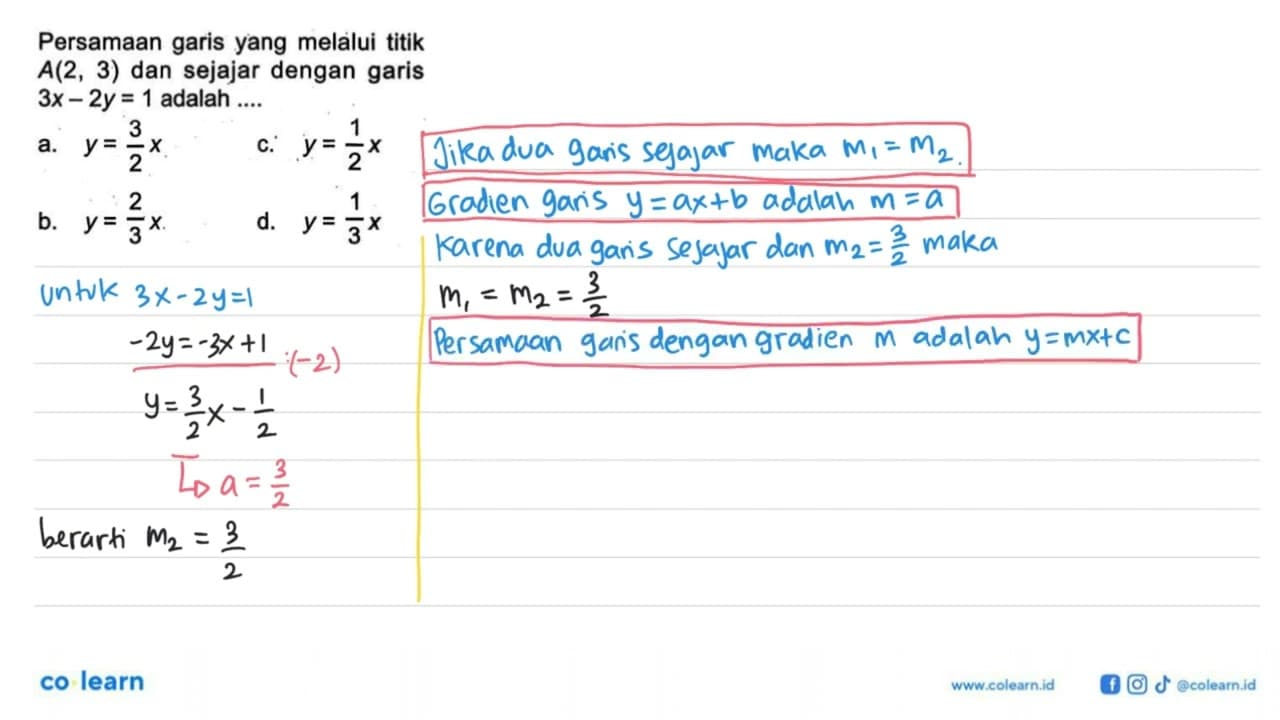 Persamaan garis yang melalui titik A(2,3) dan sejajar