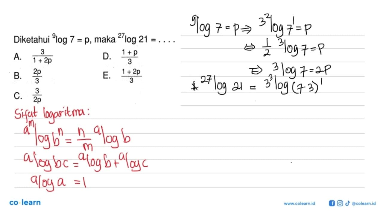Diketahui 9log7=p, maka 27log 21=....