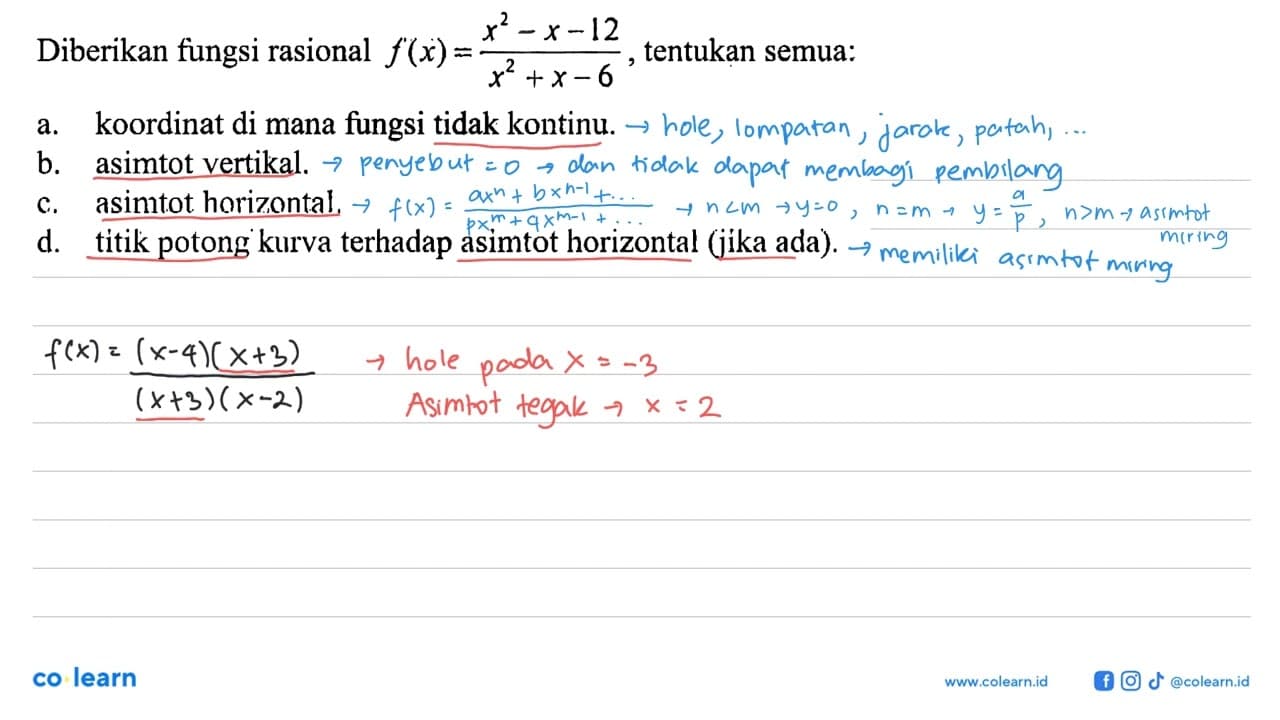 Diberikan fungsi rasional f'(x)=x^2-x-12/x^2+x-6 , tentukan