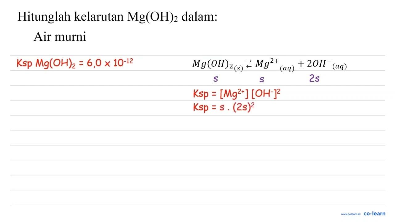 Hitunglah kelarutan Mg(OH)_(2) dalam: Air murni