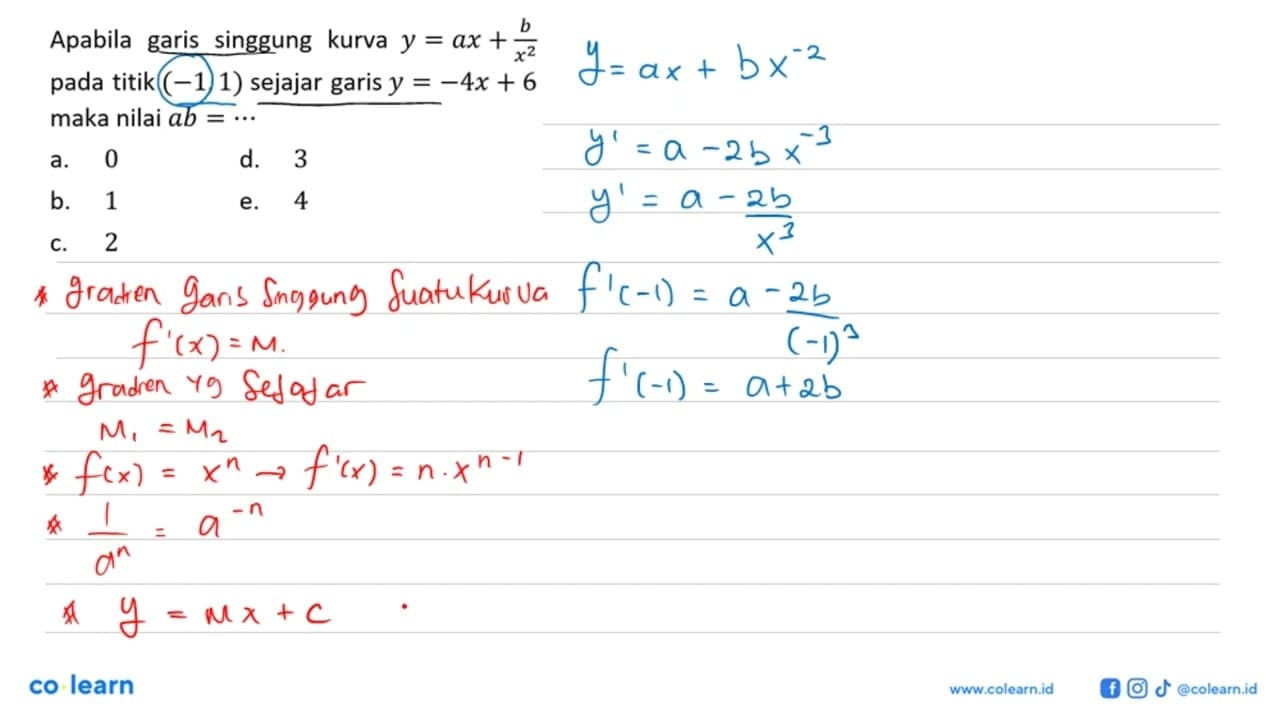 Apabila garis singgung kurva y=ax+b/x^2 pada titik (-1,1)