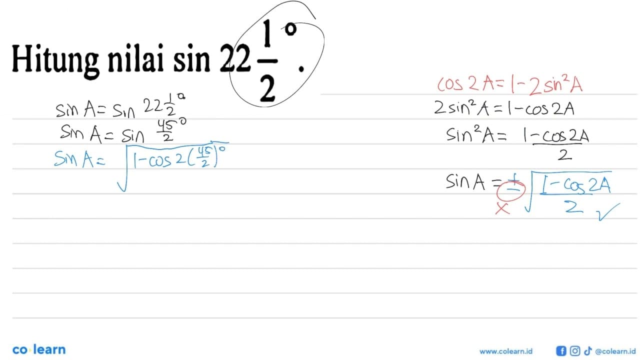 Hitung nilai sin 22 1/2.