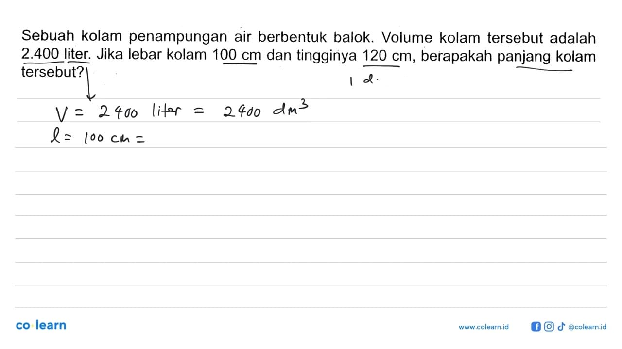 Sebuah kolam penampungan air berbentuk balok. Volume kolam