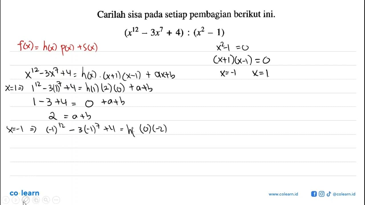 Carilah sisa pada setiap pembagian berikut ini.