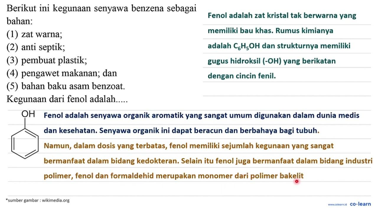 Berikut ini kegunaan senyawa benzena sebagai bahan: (1) zat