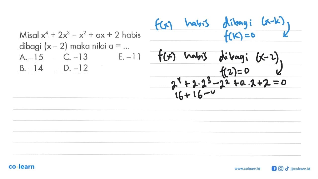 Misal x^4+2x^3-x^2+ax+2 habis dibagi (x-2) maka nilai a=...