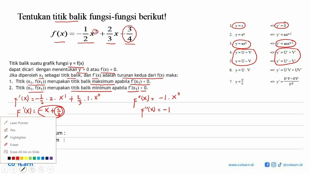 Tentukan titik balik fungsi-fungsi berikut! f(x)=-1/2