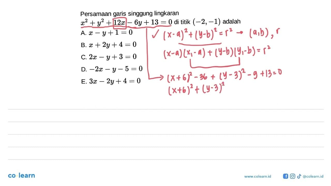 Persamaan garis singgung lingkaran x^2+y^2+12x-6y+13=0 di