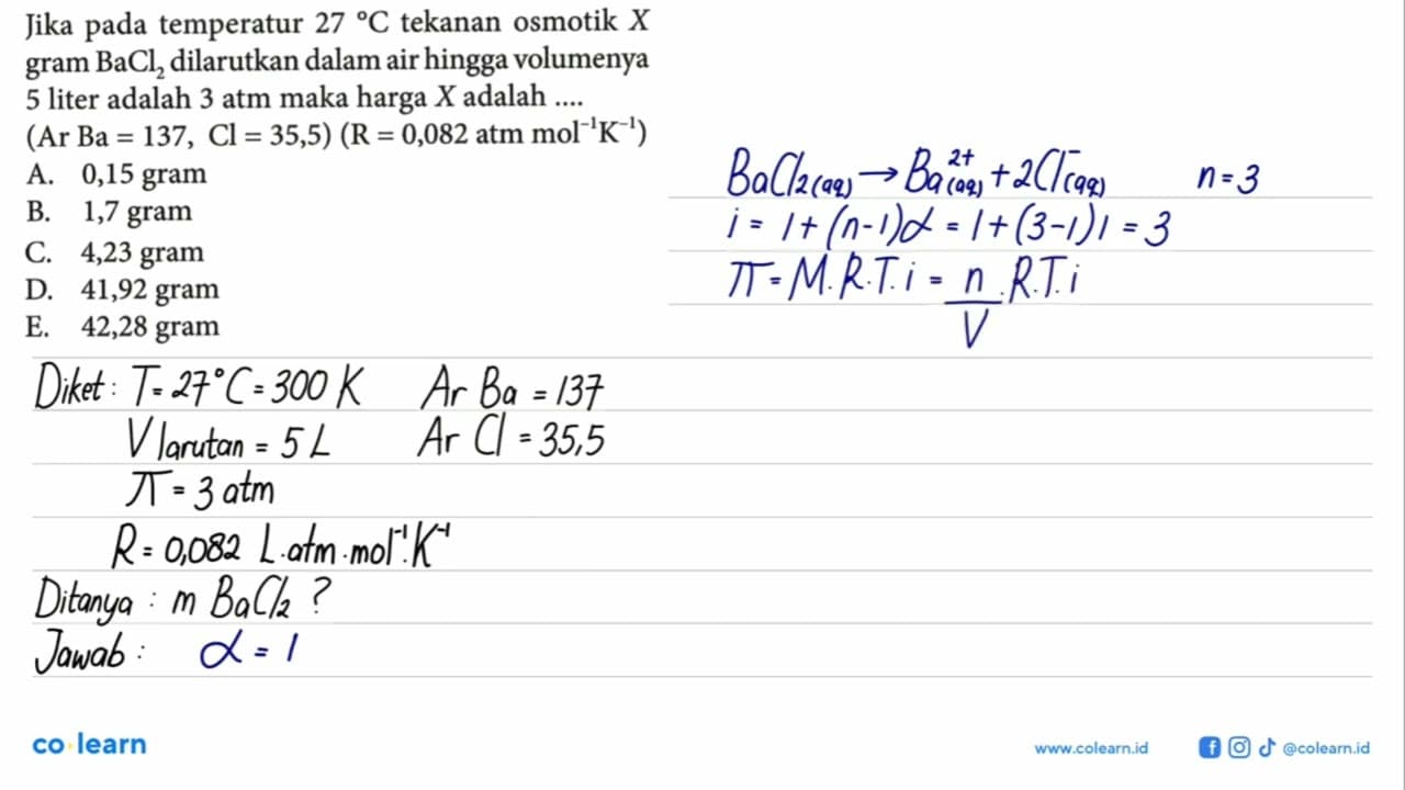 Jika temperatur 27 C tekanan osmotik X pada BaCl2