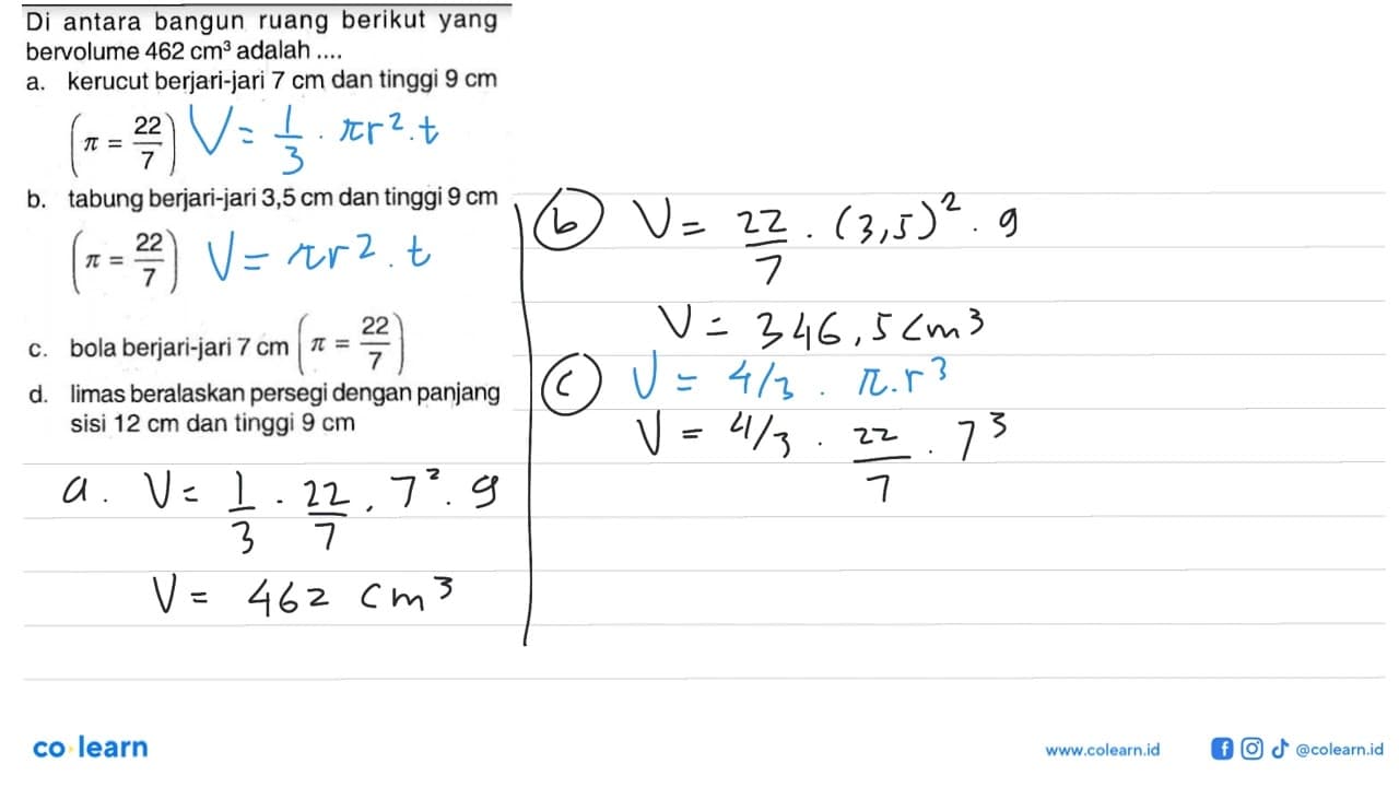 Di antara bangun ruang berikut yang bervolume 462 cm^3