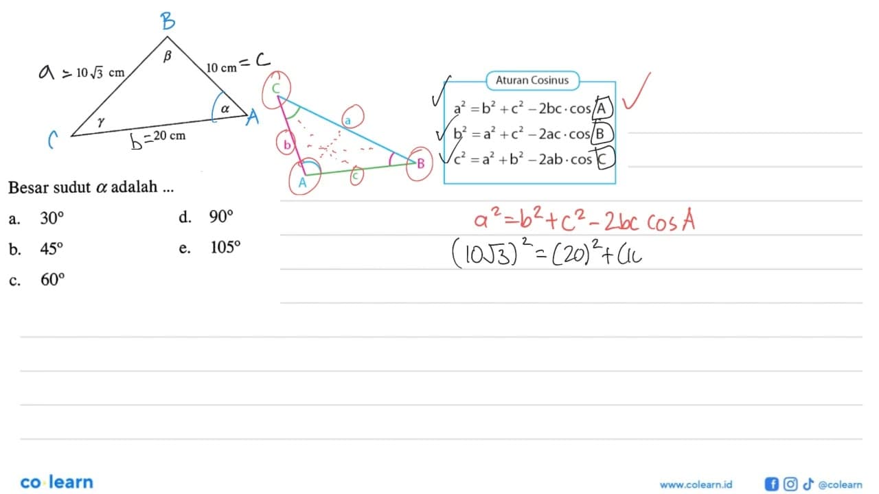 10akar(3) cm 10 cm 20 cm beta gamma alpha Besar sudut alpha