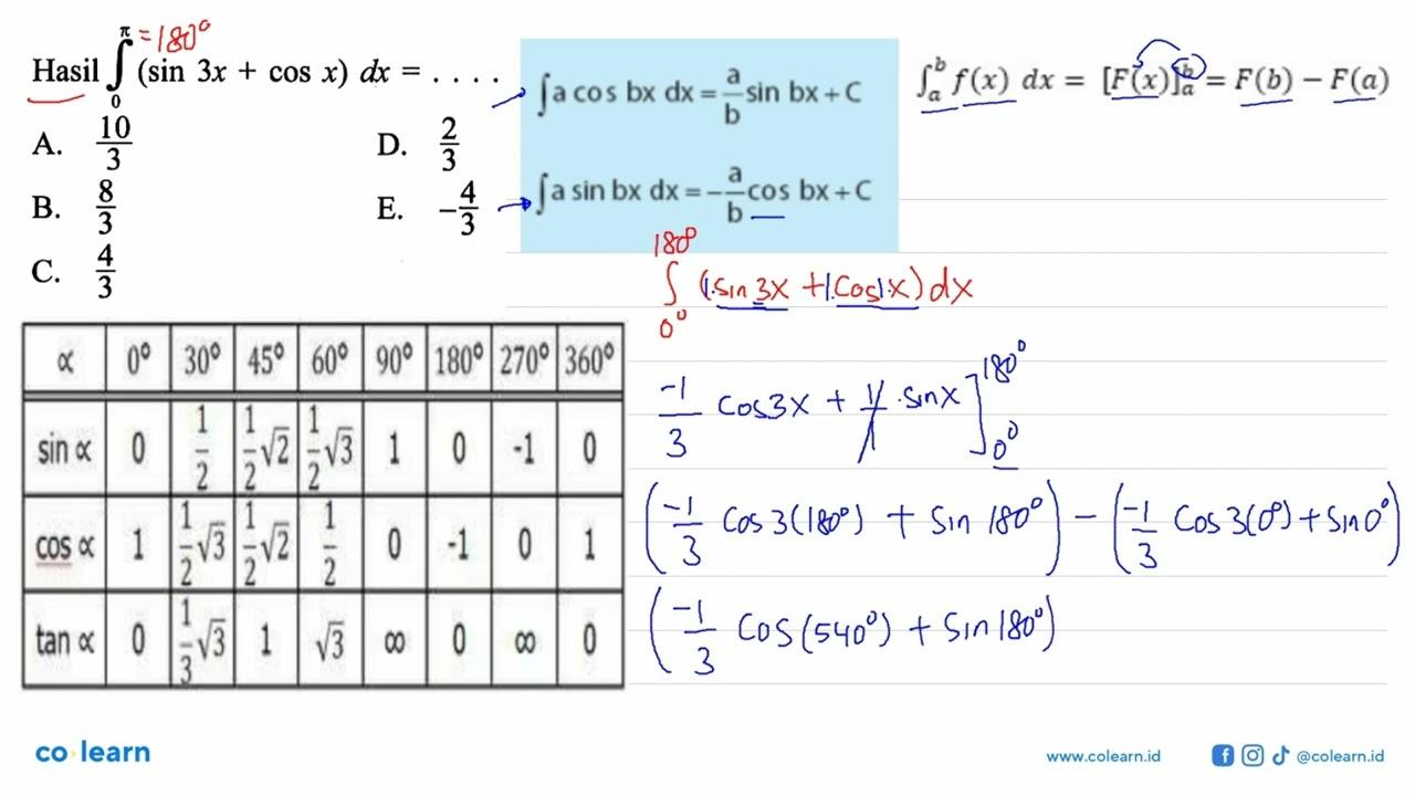 Hasil integral dari 0 pi (sin 3x+cos x) dx=...